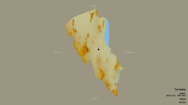 Turkana bölgesi, Kenya ilçesi, katı bir arka planda izole edilmiş bir sınır kutusunda. Etiketler. Topografik yardım haritası. 3B görüntüleme