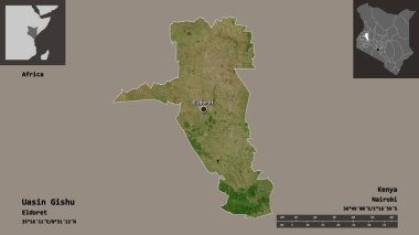 Kenya ve başkenti Uasin Gishu 'nun şekli. Uzaklık ölçeği, ön gösterimler ve etiketler. Uydu görüntüleri. 3B görüntüleme