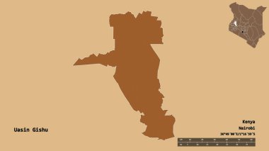 Kenya 'nın Uasin Gishu şehrinin başkenti sağlam bir arka planda izole edilmiştir. Uzaklık ölçeği, bölge önizlemesi ve etiketleri. Desenli dokuların bileşimi. 3B görüntüleme
