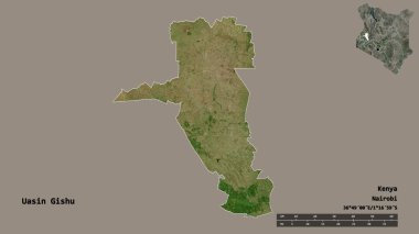Kenya 'nın Uasin Gishu şehrinin başkenti sağlam bir arka planda izole edilmiştir. Uzaklık ölçeği, bölge önizlemesi ve etiketleri. Uydu görüntüleri. 3B görüntüleme