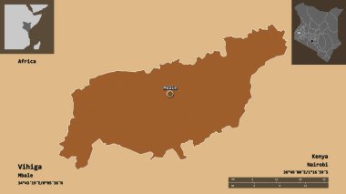 Kenya 'nın Vihiga ilçesi ve başkenti. Uzaklık ölçeği, ön gösterimler ve etiketler. Desenli dokuların bileşimi. 3B görüntüleme