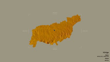 Vihiga bölgesi, Kenya ilçesi, jeoreferated sınır kutusunda sağlam bir arka planda izole edilmiş. Etiketler. Topografik yardım haritası. 3B görüntüleme