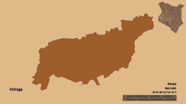 Kenya 'nın Vihiga ilçesi, başkenti sağlam arka planda izole edilmiştir. Uzaklık ölçeği, bölge önizlemesi ve etiketleri. Desenli dokuların bileşimi. 3B görüntüleme