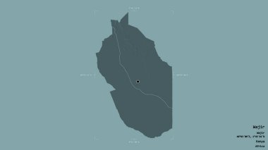 Kenya 'nın Wajir ilçesi bir jeoreferated sınır kutusunda sağlam bir arka planda izole edilmiş. Etiketler. Renkli yükseklik haritası. 3B görüntüleme
