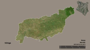 Kenya 'nın Vihiga ilçesi, başkenti sağlam arka planda izole edilmiştir. Uzaklık ölçeği, bölge önizlemesi ve etiketleri. Uydu görüntüleri. 3B görüntüleme