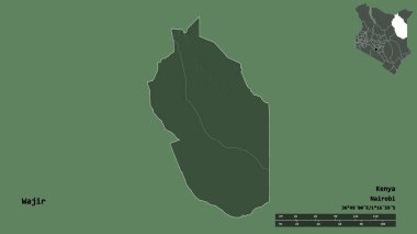 Kenya 'nın Wajir ilçesinin başkenti, sağlam bir arka planda izole edilmiştir. Uzaklık ölçeği, bölge önizlemesi ve etiketleri. Renkli yükseklik haritası. 3B görüntüleme