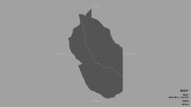 Kenya 'nın Wajir ilçesi bir jeoreferated sınır kutusunda sağlam bir arka planda izole edilmiş. Etiketler. Çift seviyeli yükseklik haritası. 3B görüntüleme