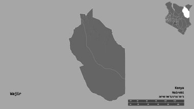 Kenya 'nın Wajir ilçesinin başkenti, sağlam bir arka planda izole edilmiştir. Uzaklık ölçeği, bölge önizlemesi ve etiketleri. Çift seviyeli yükseklik haritası. 3B görüntüleme