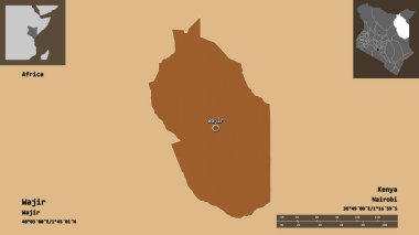 Kenya 'nın Wajir ilçesi ve başkenti. Uzaklık ölçeği, ön gösterimler ve etiketler. Desenli dokuların bileşimi. 3B görüntüleme