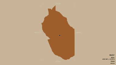 Kenya 'nın Wajir ilçesi bir jeoreferated sınır kutusunda sağlam bir arka planda izole edilmiş. Etiketler. Desenli dokuların bileşimi. 3B görüntüleme