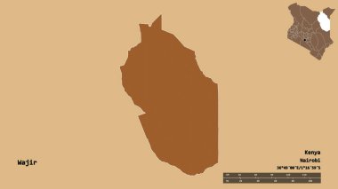 Kenya 'nın Wajir ilçesinin başkenti, sağlam bir arka planda izole edilmiştir. Uzaklık ölçeği, bölge önizlemesi ve etiketleri. Desenli dokuların bileşimi. 3B görüntüleme