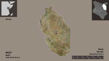 Kenya 'nın Wajir ilçesi ve başkenti. Uzaklık ölçeği, ön gösterimler ve etiketler. Uydu görüntüleri. 3B görüntüleme