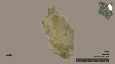 Kenya 'nın Wajir ilçesinin başkenti, sağlam bir arka planda izole edilmiştir. Uzaklık ölçeği, bölge önizlemesi ve etiketleri. Uydu görüntüleri. 3B görüntüleme