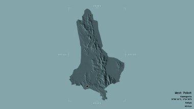 Batı Pokot bölgesi, Kenya ilçesi, katı bir arka planda izole edilmiş bir sınır kutusunda. Etiketler. Renkli yükseklik haritası. 3B görüntüleme