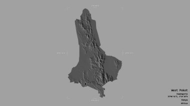 Batı Pokot bölgesi, Kenya ilçesi, katı bir arka planda izole edilmiş bir sınır kutusunda. Etiketler. Çift seviyeli yükseklik haritası. 3B görüntüleme