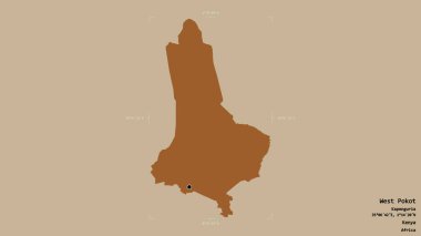 Batı Pokot bölgesi, Kenya ilçesi, katı bir arka planda izole edilmiş bir sınır kutusunda. Etiketler. Desenli dokuların bileşimi. 3B görüntüleme