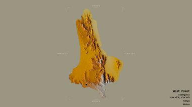 Batı Pokot bölgesi, Kenya ilçesi, katı bir arka planda izole edilmiş bir sınır kutusunda. Etiketler. Topografik yardım haritası. 3B görüntüleme