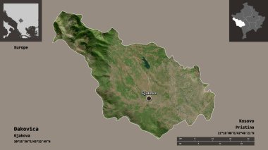 Akovica 'nın şekli, Kosova bölgesi ve başkenti. Uzaklık ölçeği, ön gösterimler ve etiketler. Uydu görüntüleri. 3B görüntüleme