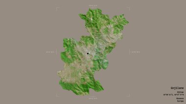Kosova 'nın Gnjilane ilçesi, Gnjilane bölgesi, jeoreferatlı bir sınır kutusunda sağlam bir zemin üzerinde izole edilmiş durumda. Etiketler. Uydu görüntüleri. 3B görüntüleme
