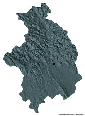 Kosova 'nın Kosovska Mitrovica semti, başkenti beyaz arka planda izole edilmiş durumda. Renkli yükseklik haritası. 3B görüntüleme