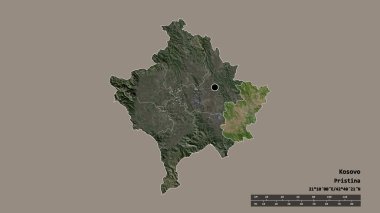 Başkenti, ana bölgesel bölünmesi ve bölünmüş Gnjilane bölgesiyle Kosova 'nın şekli bozulmuş durumda. Etiketler. Uydu görüntüleri. 3B görüntüleme