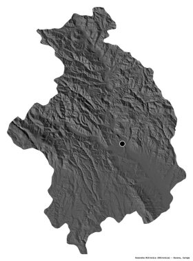 Kosova 'nın Kosovska Mitrovica semti, başkenti beyaz arka planda izole edilmiş durumda. Çift seviyeli yükseklik haritası. 3B görüntüleme