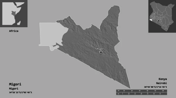 ミゴリの形 ケニアの郡とその首都 距離スケール プレビューおよびラベル 標高マップ 3Dレンダリング — ストック写真