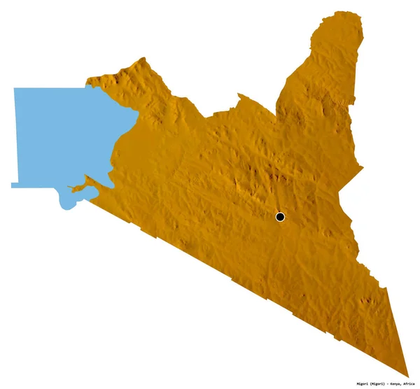 ケニアの郡ミゴリの形で 首都は白い背景に孤立しています 地形図 3Dレンダリング — ストック写真