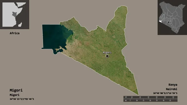 ミゴリの形 ケニアの郡とその首都 距離スケール プレビューおよびラベル 衛星画像 3Dレンダリング — ストック写真