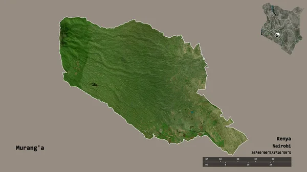 肯尼亚Murang A县的形状 其首府在坚实的背景下与世隔绝 距离尺度 区域预览和标签 卫星图像 3D渲染 — 图库照片