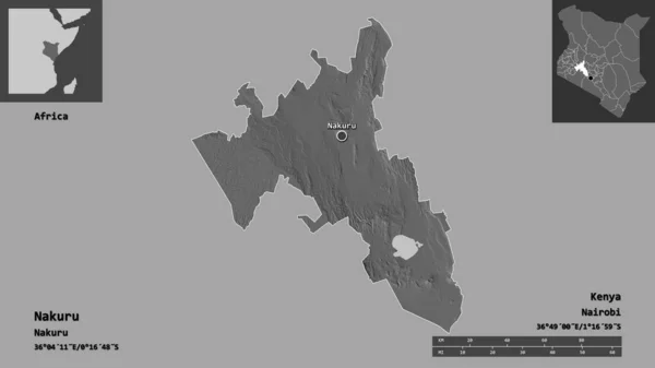 肯尼亚纳库鲁的形状和首都 距离刻度 预览和标签 Bilevel高程图 3D渲染 — 图库照片