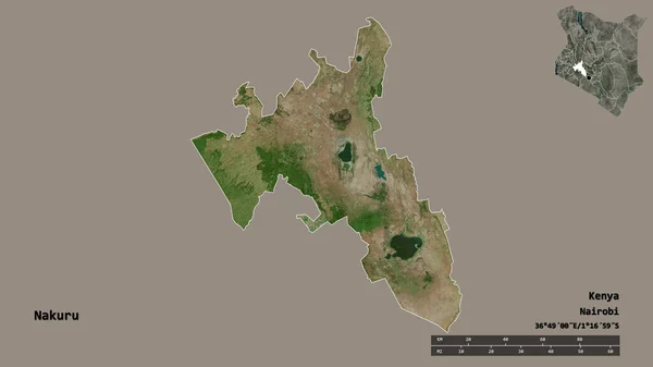 ケニア共和国のナクル県の形で その首都はしっかりとした背景に隔離されています 距離スケール リージョンプレビュー およびラベル 衛星画像 3Dレンダリング — ストック写真