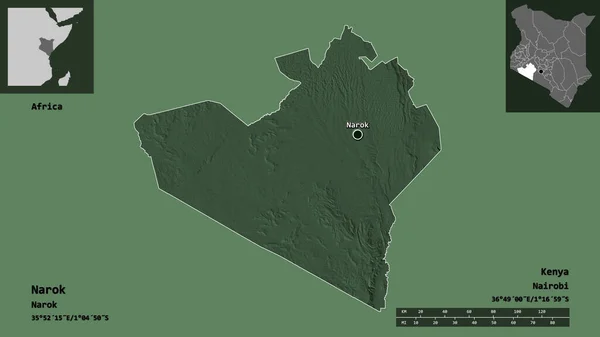 ケニアの郡ナロックとその首都の形 距離スケール プレビューおよびラベル 色の標高マップ 3Dレンダリング — ストック写真