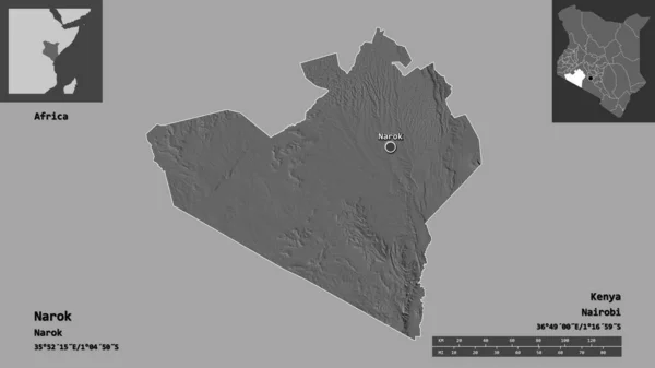 ケニアの郡ナロックとその首都の形 距離スケール プレビューおよびラベル 標高マップ 3Dレンダリング — ストック写真