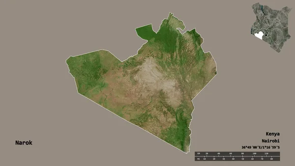 肯尼亚那罗克县的形状 其首府在坚实的背景上与世隔绝 距离尺度 区域预览和标签 卫星图像 3D渲染 — 图库照片