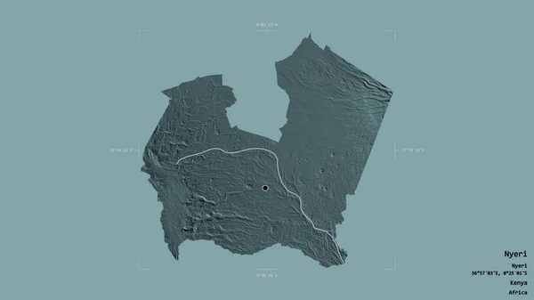 ケニアの郡ニエリの地域は 洗練された境界の箱の中にしっかりとした背景に隔離されています ラベル 色の標高マップ 3Dレンダリング — ストック写真