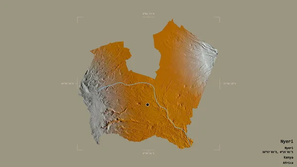 肯尼亚尼耶里县的一个地区 在一个地理参照框的坚实背景下被隔离 地形浮雕图 3D渲染 — 图库照片