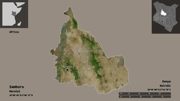 肯尼亚桑布鲁县及其首府的形状 距离刻度 预览和标签 卫星图像 3D渲染 — 图库照片