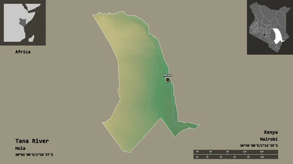 タナ川の形 ケニアの郡とその首都 距離スケール プレビューおよびラベル 地形図 3Dレンダリング — ストック写真