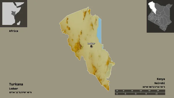 肯亚的图尔卡纳及其首都的形状 距离刻度 预览和标签 地形浮雕图 3D渲染 — 图库照片