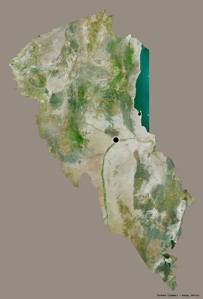 肯亚的图尔卡纳县的形状 其首府被隔离在一个坚实的色彩背景上 卫星图像 3D渲染 — 图库照片