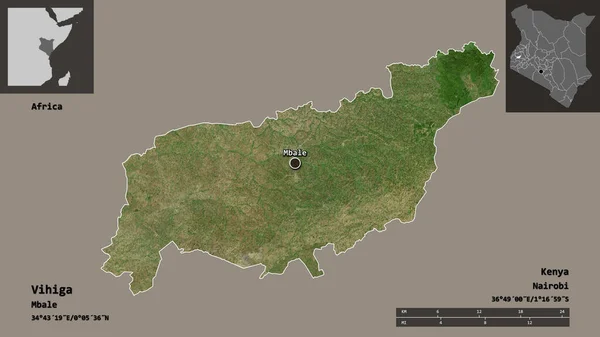 肯尼亚的维希加县及其首府的形状 距离刻度 预览和标签 卫星图像 3D渲染 — 图库照片