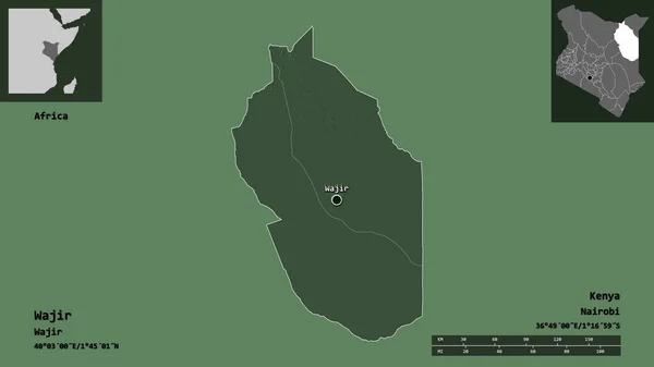 ケニアの郡ワジールとその首都の形 距離スケール プレビューおよびラベル 色の標高マップ 3Dレンダリング — ストック写真