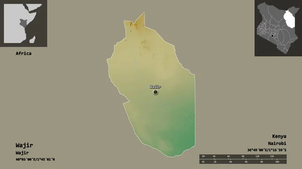 ケニアの郡ワジールとその首都の形 距離スケール プレビューおよびラベル 地形図 3Dレンダリング — ストック写真