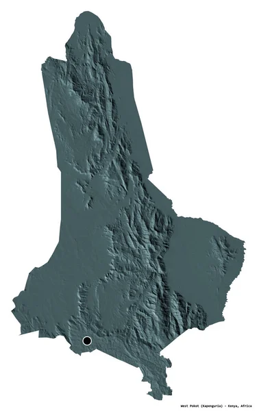 ケニアの郡 ウェスト ポコットの形で その首都は白い背景に隔離されています 色の標高マップ 3Dレンダリング — ストック写真