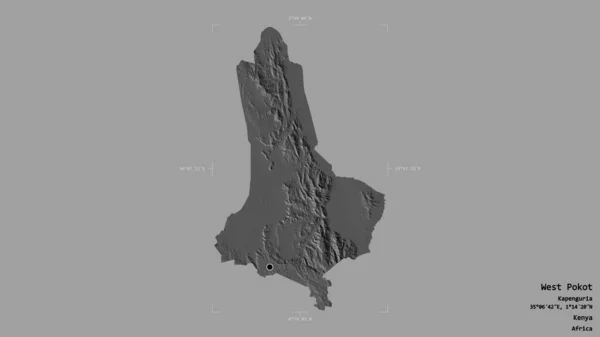 ケニアの西ポコットの地域は 洗練された境界線の箱の中にしっかりとした背景に隔離されています ラベル 標高マップ 3Dレンダリング — ストック写真