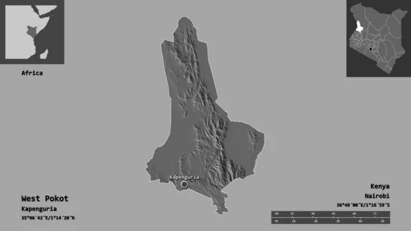 西ポコットの形 ケニアの郡 そしてその首都 距離スケール プレビューおよびラベル 標高マップ 3Dレンダリング — ストック写真