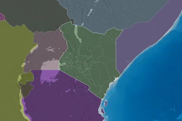 国の概要 国際および地域の国境とケニアの拡張領域 色の標高マップ 3Dレンダリング — ストック写真