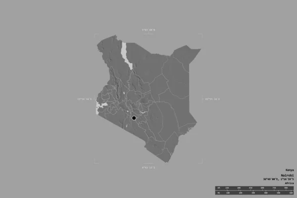 肯尼亚的一个区域在一个地理参照框的坚实背景上被隔离 主要区域分部 距离标度 Bilevel高程图 3D渲染 — 图库照片