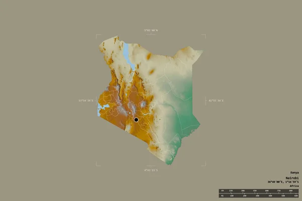 肯尼亚的一个区域在一个地理参照框的坚实背景上被隔离 主要区域分部 距离标度 地形浮雕图 3D渲染 — 图库照片